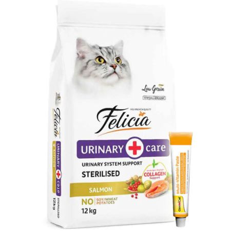 Felicia Hypoallergenic Urinary Sterilised Somonlu Kısırlaştırılmış Kedi Maması 12 Kg + Gimcat 20 Gr Multivitamin Paste