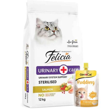 Felicia Hypoallergenic Urinary Sterilised Somonlu Kısırlaştırılmış Kedi Maması 12 Kg + Gimcat Kedi Pudingi 150 Gr