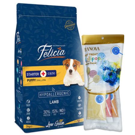 Felicia Hypoallergenic Puppy Düşük Tahıllı Küçük Irk Kuzu Etli Yavru Köpek Maması 3 Kg + 3'lü Ranova Lolipop