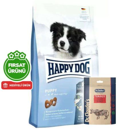 Happy Dog Puppy Kümes Hayvanı ve Somon Yavru Köpek Maması 10 Kg + 2 Adet Dr. Clauders Biftekli Ödül 80 Gr