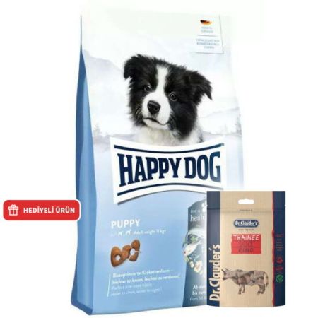 Happy Dog Puppy Kümes Hayvanı ve Somon Yavru Köpek Maması 4 Kg + Dr. Clauders Biftekli Ödül Küpleri 80 Gr