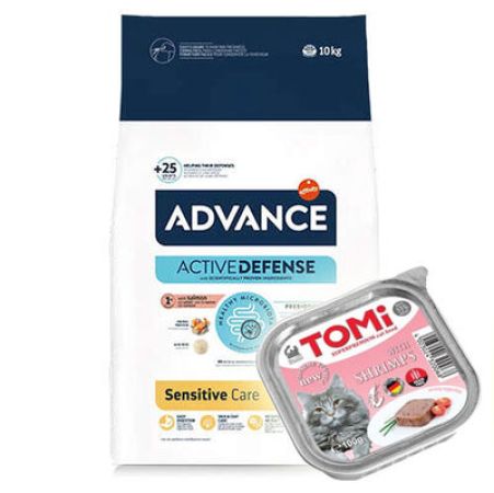 Advance Sensitive Somonlu Kedi Maması 10 Kg + 3 Adet Tomi Karidesli Pate 100 Gr Yaş Mama