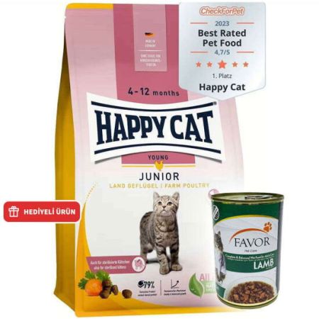 Happy Cat Junior Kümes Hayvanlı Yavru Kedi Maması 4 Kg + 2 Adet Favor Kuzu Konservesi 400 Gr