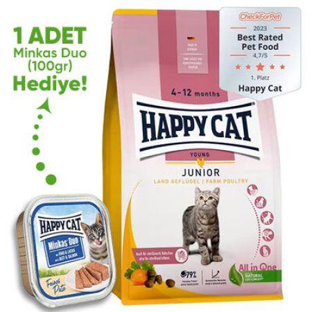 Happy Cat Junior Kümes Hayvanlı Yavru Kedi Maması 4 Kg + Happy Cat 100 Gr Yaş Mama
