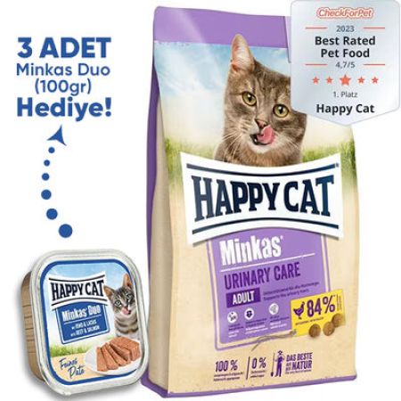 Happy Cat Minkas Urinary Care İdrar Yolu Sağlığı Kedi Maması 10 Kg + 3 Adet Happy Cat 100 Gr Yaş Mama