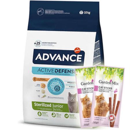 Advance Junior Kısırlaştırılmış Yavru Kedi Maması 10 Kg + 10 Adet Garden Mix Stick Kedi Ödülü