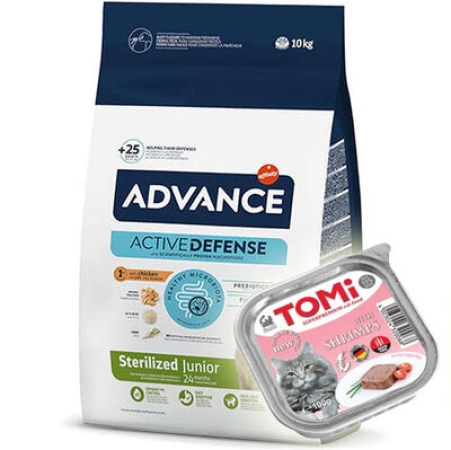 Advance Junior Kısırlaştırılmış Yavru Kedi Maması 10 Kg + 3 Adet Tomi Karidesli Pate 100 Gr Yaş Mama