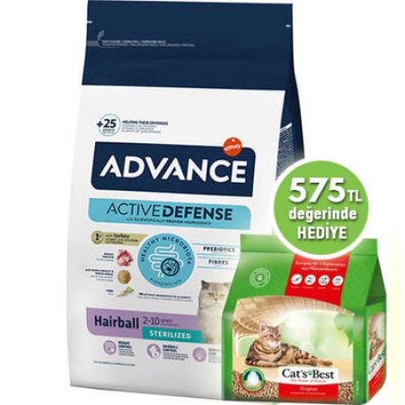 Advance Sterilised Hairball Kısırlaştırılmış Kedi Maması 10 Kg + Cats Best 5 Lt Kum
