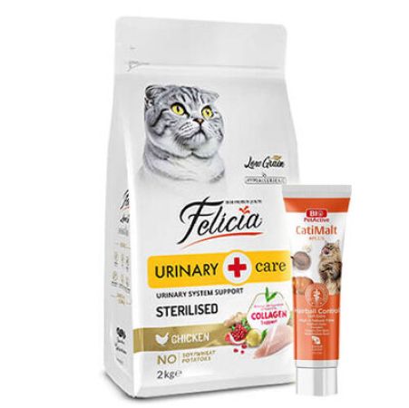 Felicia Hypoallergenic Sterilised Düşük Tahıllı Kısırlaştırılmış Tavuk Kedi Maması 2 Kg + Biopet Active Malt Paste 25 ML