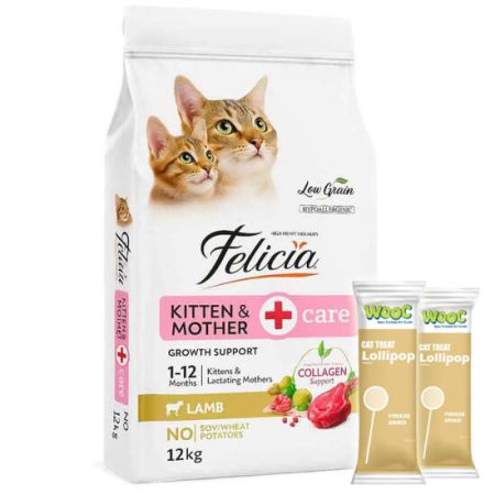 Felicia Hypoallergenic Mother Kitten Düşük Tahıllı Yavru Kuzu Etli Kedi Maması 12 Kg + 2 Adet Wooc Lolipop Ödül