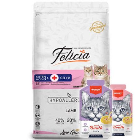 Felicia Hypoallergenic Mother Kitten Düşük Tahıllı Yavru Kuzu Etli Kedi Maması 12 Kg + 5 Adet Wanpy 50 Gr Kedi Çorbası