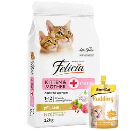 Felicia Hypoallergenic Mother Kitten Düşük Tahıllı Yavru Kuzu Etli Kedi Maması 12 Kg + Gimcat Kedi Pudingi 150 Gr