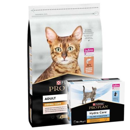 Pro Plan Derma Care Hassas Deri Somonlu Kedi Maması 10 Kg + Hydra Care Yaş Mama 75 Gr x 10 Adet