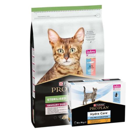 Pro Plan Kısırlaştırılmış Morina ve Alabalık Kedi Maması 10 Kg + Hydra Care Yaş Mama 75 Gr x 10 Adet