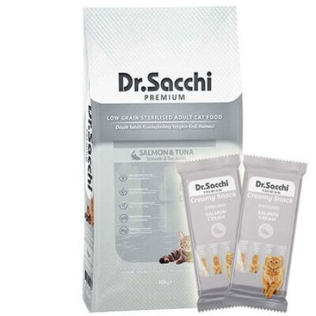 Dr. Sacchi Somon ve Ton Kısırlaştırılmış Kedi Maması 10 Kg + 5 Adet Dr Sacchi 4 lü Creamy Ödül