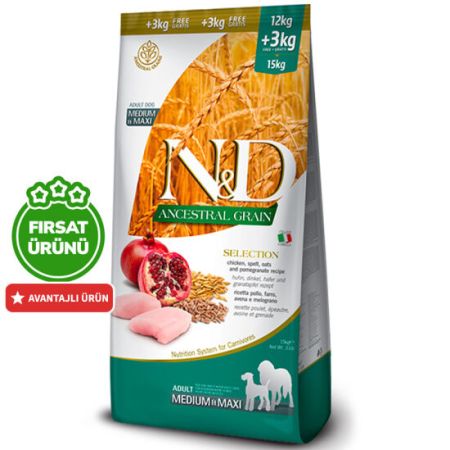 ND Düşük Tahıl Tavuk Nar Orta ve Büyük Irk Köpek Maması 12 + 3 Kg 