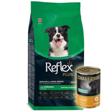 Reflex Plus Tavuk Etli Orta ve Büyük Irk Köpek Maması 12 Kg + 5 Adet Challenge 400 Gr Konserve