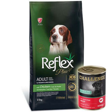 Reflex Plus Tavuk Etli Orta ve Büyük Irk Köpek Maması 15 Kg + 5 Adet Challenge 400 Gr Konserve