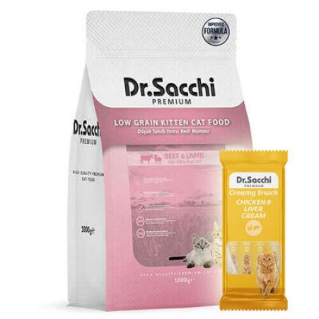 Dr.Sacchi Biftek ve Kuzu Etli Yavru Kedi Maması 1 Kg + Dr Sacchi 4 lü Creamy Ödül
