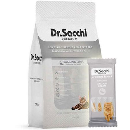 Dr.Sacchi Somon ve Ton Kısırlaştırılmış Kedi Maması 1 Kg + Dr Sacchi 4 lü Creamy Ödül