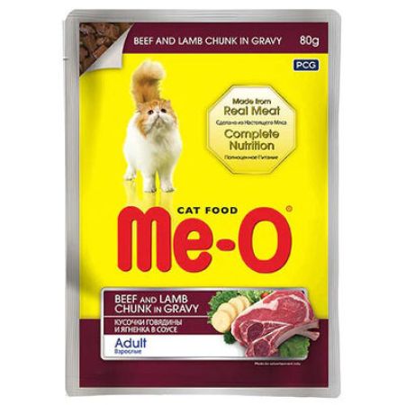 Me-O Pouch Biftek ve Kuzu Etli Soslu ve Parça Etli Yaş Kedi Maması 80 Gr