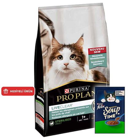 Pro Plan Live Clear Sterilised Somonlu Kısırlaştırılmış Kedi Maması 1,4 Kg + Felix Soup Time Çorba
