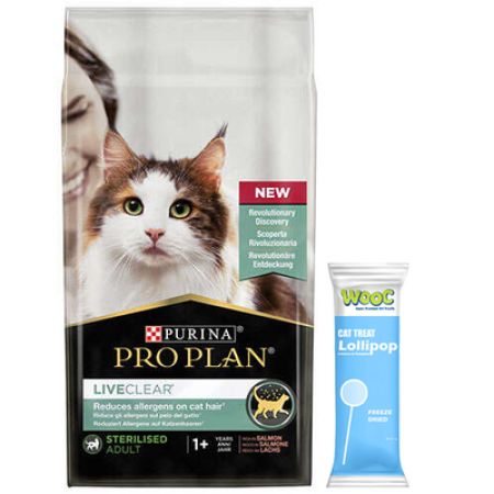 Pro Plan Live Clear Sterilised Somonlu Kısırlaştırılmış Kedi Maması 1,4 Kg + Wooc Kedi Ödülü Lolipop