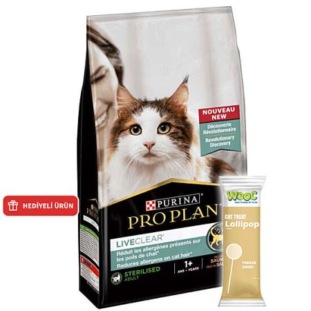 Pro Plan Live Clear Sterilised Somonlu Kısırlaştırılmış Kedi Maması 1,4 Kg + Wooc Lolipop Ödül