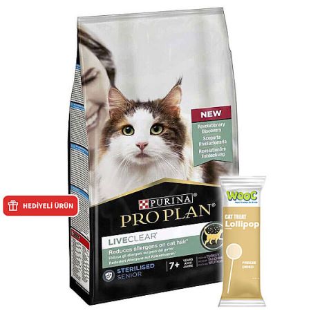 Pro Plan Live Clear Senior Sterilised Hindi Kısırlaştırılmış Kedi Maması 1,4 Kg + Wooc Lolipop Ödül