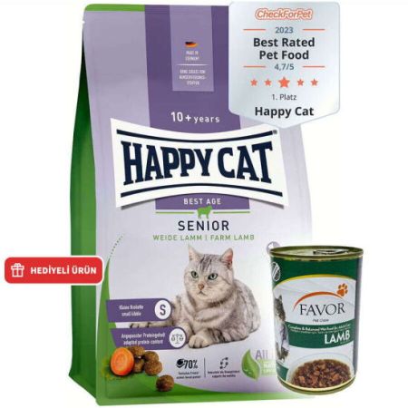 Happy Cat Senior Kuzu Etli 10 Yaş ve Üzeri Yaşlı Kedi Maması 4 Kg + 2 Adet Favor Kuzu Konservesi 400 Gr