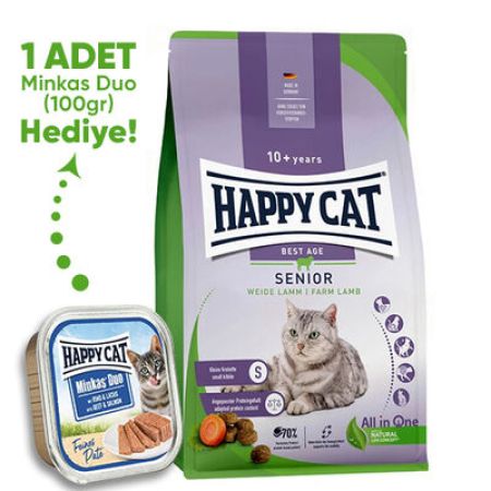 Happy Cat Senior Kuzu Etli 10 Yaş ve Üzeri Yaşlı Kedi Maması 4 Kg + Happy Cat 100 Gr Yaş Mama