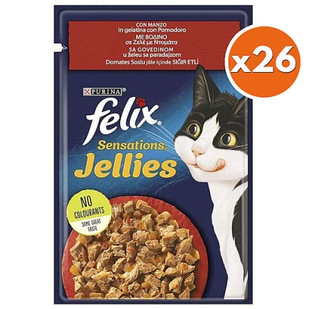 Felix BOX Pouch Sensations Jellies Sığır Etli ve Domatesli Yaş Kedi Maması 85 Gr - 26 Adet