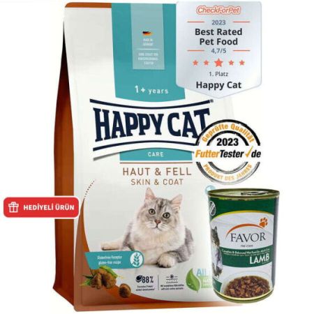 Happy Cat Skin Coat Deri ve Tüy Sağlığı Kedi Maması 4 Kg + 2 Adet Favor Kuzu Konservesi 400 Gr