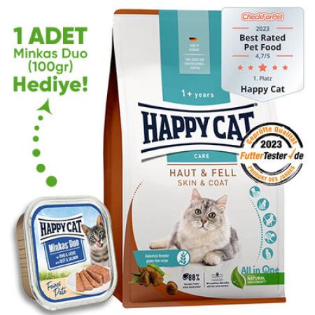 Happy Cat Skin Coat Deri ve Tüy Sağlığı Kedi Maması 4 Kg + Happy Cat 100 Gr Yaş Mama