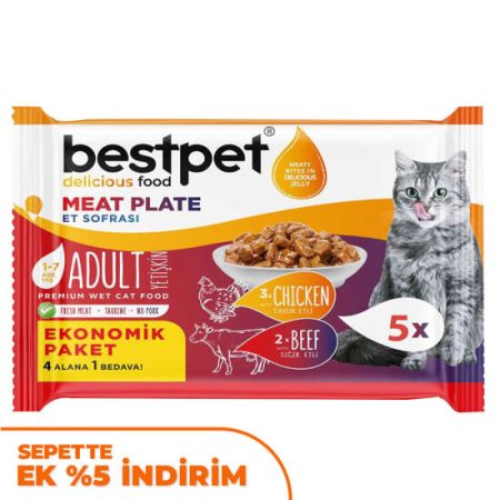 Bestpet Pouch Jelly Meat Plate Sığır ve Tavuk Etli Kedi Yaş Maması 5 Al 4 Öde (5 X 85 Gr)