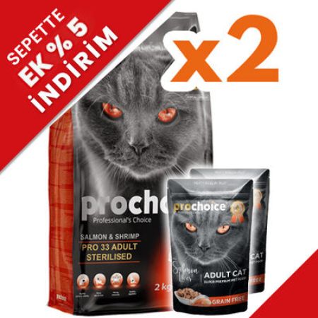 Pro Choice Pro33 Kısırlaştırılmış Somonlu Kedi Maması 2 Kg x 2 Adet + 2 Adet 85 Gr Yaş Mama