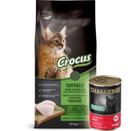 Crocus Kitten Tavuk Etli ve Pirinçli Yavru Kedi Maması 15 Kg + 5 Adet Challenge 400 Gr Konserve