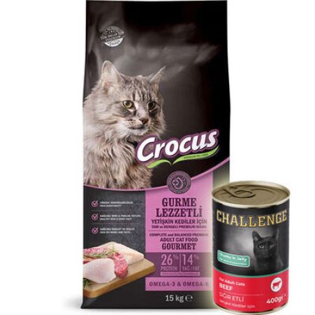 Crocus Gurme Tavuk, Balık ve Kuzu Etli Kedi Maması 15 Kg + 5 Adet Challenge 400 Gr Konserve