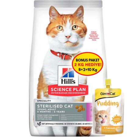 Hills Sterilised Kısırlaştırılmış Ördekli Kedi Maması 8 + 2 Kg (Toplam 10 Kg) + Gimcat Kedi Pudingi 150 Gr