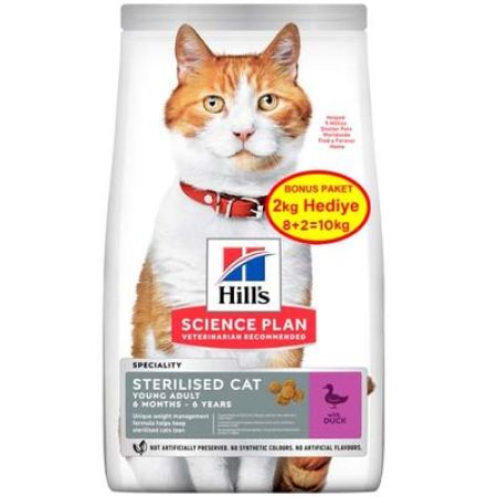 Hills Sterilised Kısırlaştırılmış Ördekli Kedi Maması 8 + 2 Kg (Toplam 10 Kg) + Schesir Stix Krema Kedi Ödülü