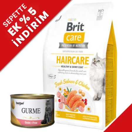 Brit Care Haircare Somon Tavuk Deri ve Tüy Sağlığı Tahılsız Kedi Maması 7 Kg + 4 Adet 85 Gr Yaş Mama