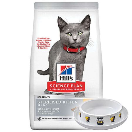 Hill's Sterilised Kitten Kısırlaştırılmış Tavuklu Yavru Kedi Maması 1,5 Kg + Moderna Desenli Mama Kabı