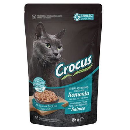 Crocus Pouch Sterilised Tahılsız Somonlu Jöleli Kısırlaştırılmış Kedi Yaş Maması 85 Gr