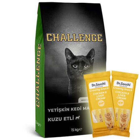 Challenge Kuzu Etli Yetişkin Kedi Maması 15 Kg + 5 Adet Dr Sacchi 4 lü Creamy Ödül