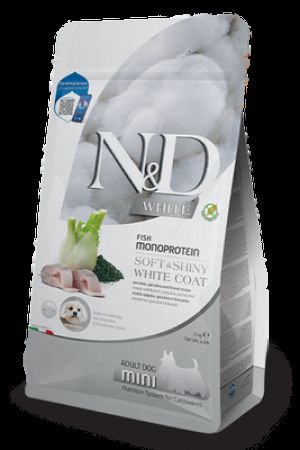 ND White Coat Levrek ve Spirulina Beyaz Tüylü Mini Irk Tahılsız Köpek Maması 2 Kg