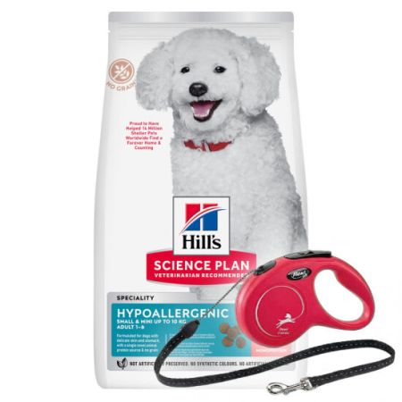 Hills Hypoallergenic Somonlu Küçük ve Mini Irk Köpek Maması 6 Kg + Flexi New Classic Otomatik Kırmızı İp Gezdirme Small 5 Mt