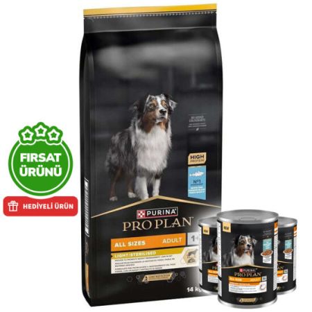 Pro Plan Light Sterilised Balıklı Kısırlaştırılmış Köpek Maması 14 Kg + 3 Adet Köpek Konservesi 400 Gr