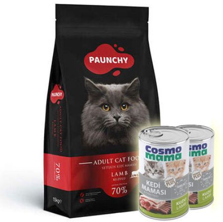 Paunchy Lamb Kuzu Etli Kedi Maması 15 Kg + 2 Adet Cosmo Konserve 415 Gr