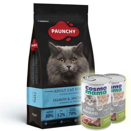 Paunchy Somonlu ve Hamsili Kedi Maması 15 Kg + 2 Adet Cosmo Konserve 415 Gr