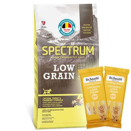 Spectrum Low Grain Kitten Tavuk Hindi ve Kızılcıklı Yavru Kedi Maması 12 Kg + 2 Adet Dr Sacchi 4 lü Creamy Ödül